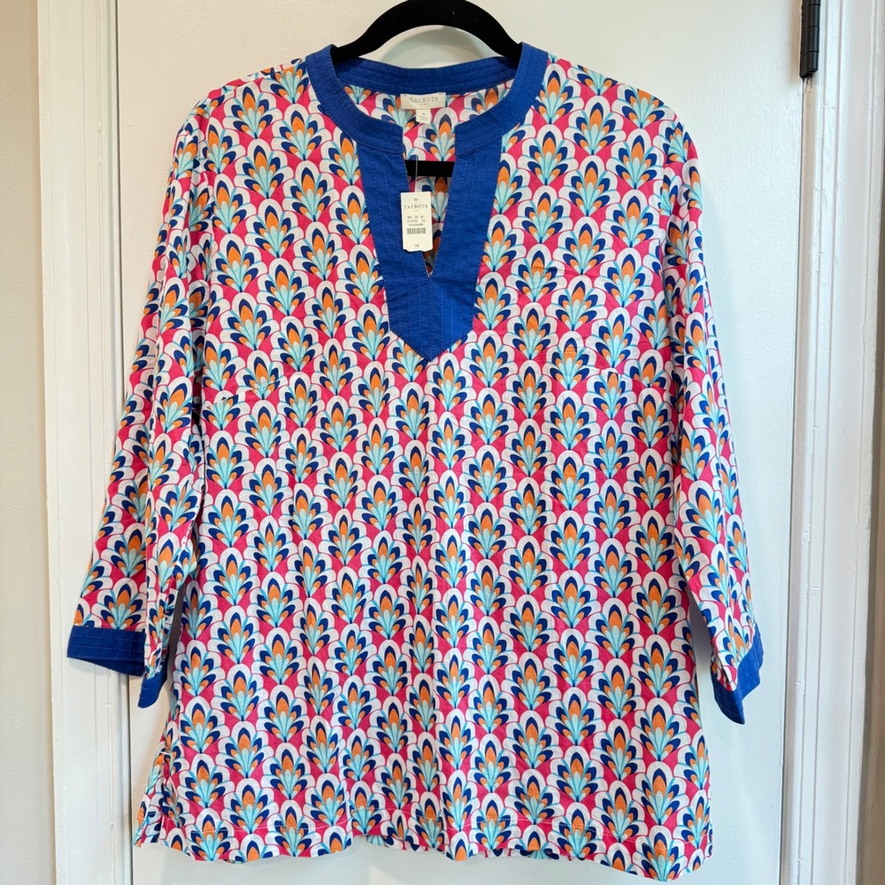 Talbots Tunic Top Colorful Print 3/4 Sleeve Cotton Casual Blouse‎ M, NWT
